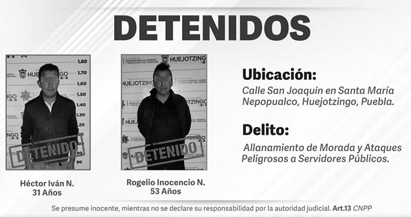 Por: Cortesía Detienen a 2 hombres por ingresar a una vivienda y atacar a 2 mujeres en Huejotzingo