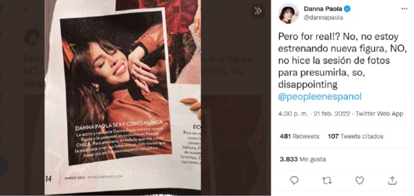 Por: Cortesía Tras publicación de revista, Danna Paola explotó: “Siempre se me preguntan sobre mi físico”