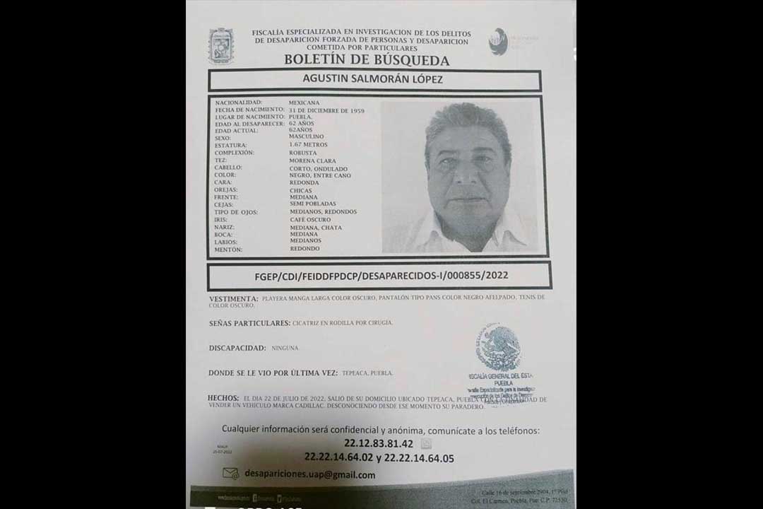 Por: Cortesía Amigos y familiares buscan Agustín Salmoran quien desapareció en Tepeaca