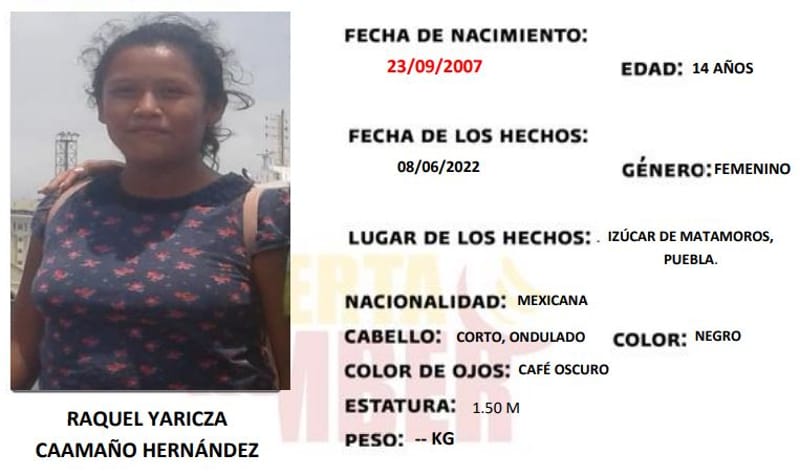 Se solicita de su apoyo para localizar a Raquel Caamaño, vista por última vez en Izucar de Matamoros