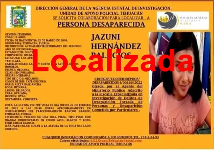Por: Cortesía Chica desaparecida en Tehuacán, no fue secuestrada; huyó de casa por presunta violencia familiar