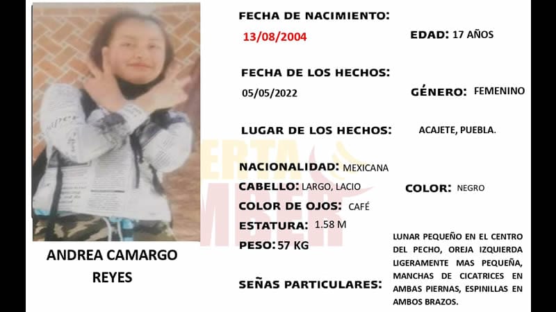 Por: Cortesía Se solicita de su apoyo para localizar a Andrea Camargo de 17 años, vista por última vez en Acajete