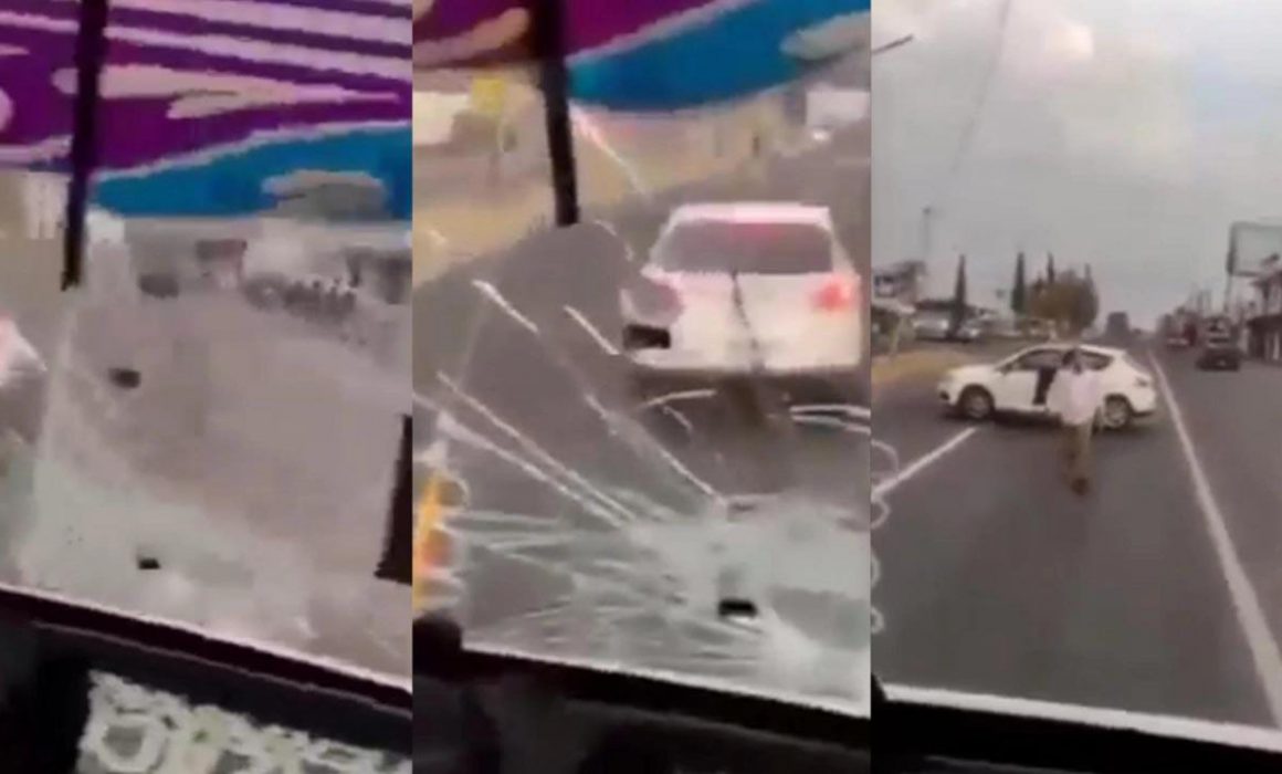 Por: Cortesía Automovilista se desquicia y lanza piedras a parabrisas de unidad de transporte público en Puebla