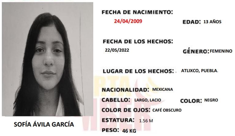 Por: Cortesía Se solicita de su apoyo para localizar a Sofía Ávila, de 13 años, vista por última vez en Atlixco