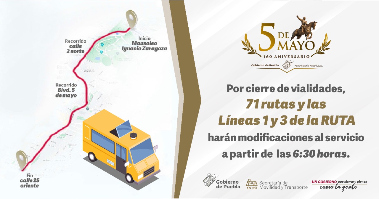 Por: Cortesía 71 rutas así como las líneas 1 y 3 del Metrobús modificaran su recorrido por el desfile 5 de mayo