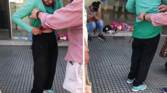 Rata se mete en la ropa de una mujer mientras esperaba en la fila para entrar al banco (Vídeo)
