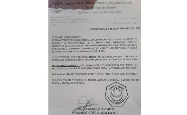 Por: Cortesía "Serás descansado por toda la temporada"; comerciantes de Tepito denuncian que son obligados a acudir a marcha de AMLO