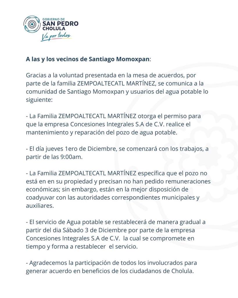 Por: Cortesía Lula Pineda Concluye conflicto del pozo de agua potable en Santiago Momoxpan