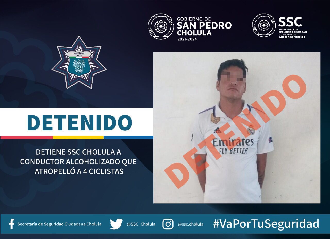 Por: Cortesía Lula Pineda Detiene SSC Cholula a conductor alcoholizado que atropelló a 4 ciclistas