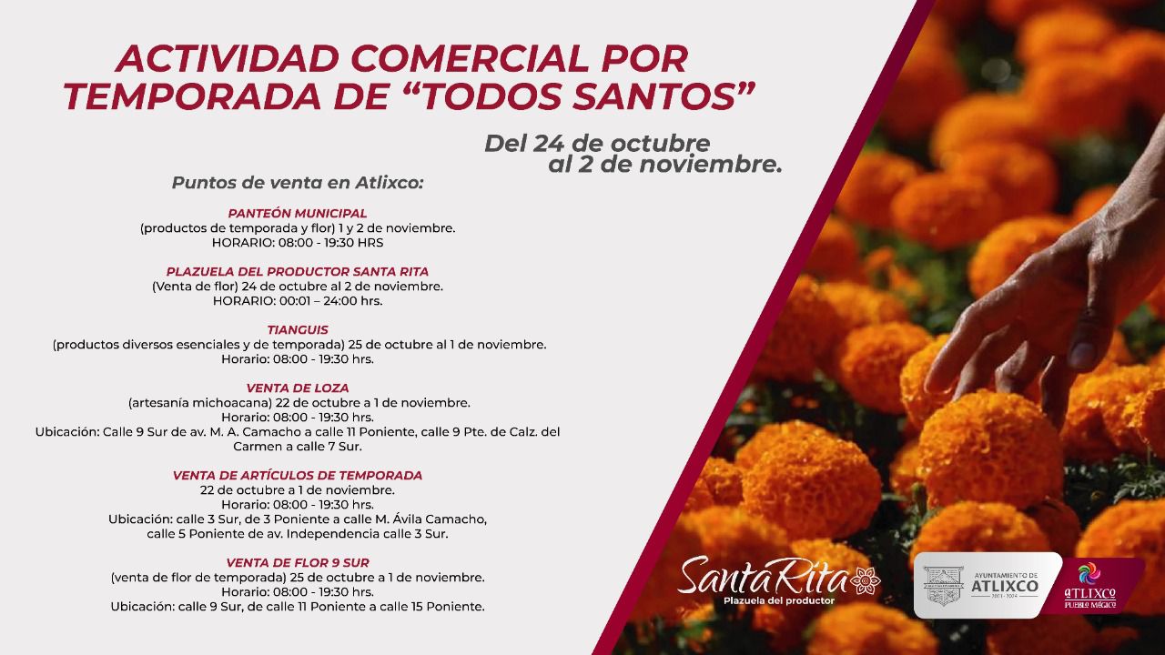 Por: Cortesía Estos son los lineamientos para el comercio en Atlixco durante temporada de Todos Santos