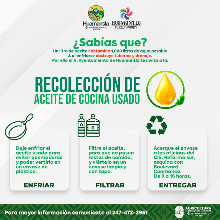 Ayuntamiento de Huamantla inicia campaña de recolección e aceite de cocina