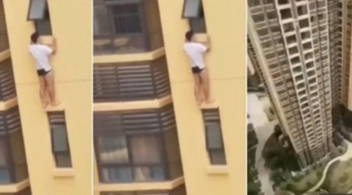 Por: Cortesía Amante se juega la vida al colgarse de la ventana de un piso 20 para que no ser atrapado por el esposo (Vídeo)