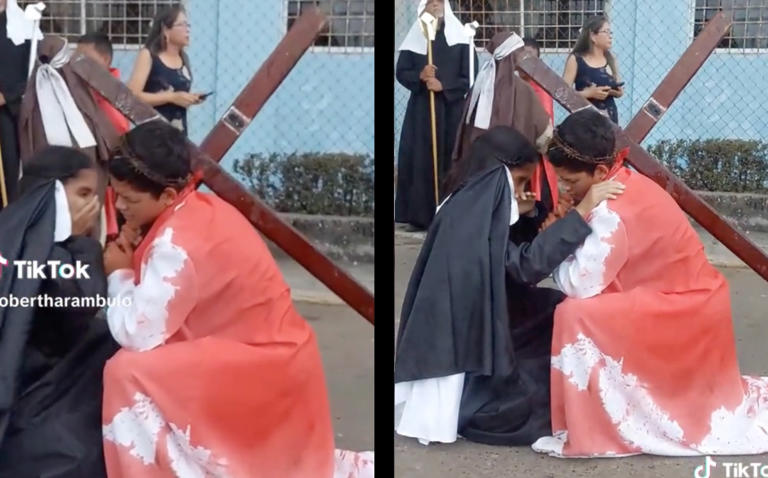 Por: Cortesía Actriz sufre golpe en la cara durante procesión de Semana Santa, reacción se hace viral (Vídeo)