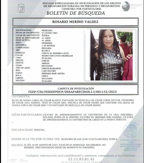 Por: Cortesía Lula Pineda Rosario Merino de 41 años salió de su domicilio en Cuautlancingo, desconocen su paradero