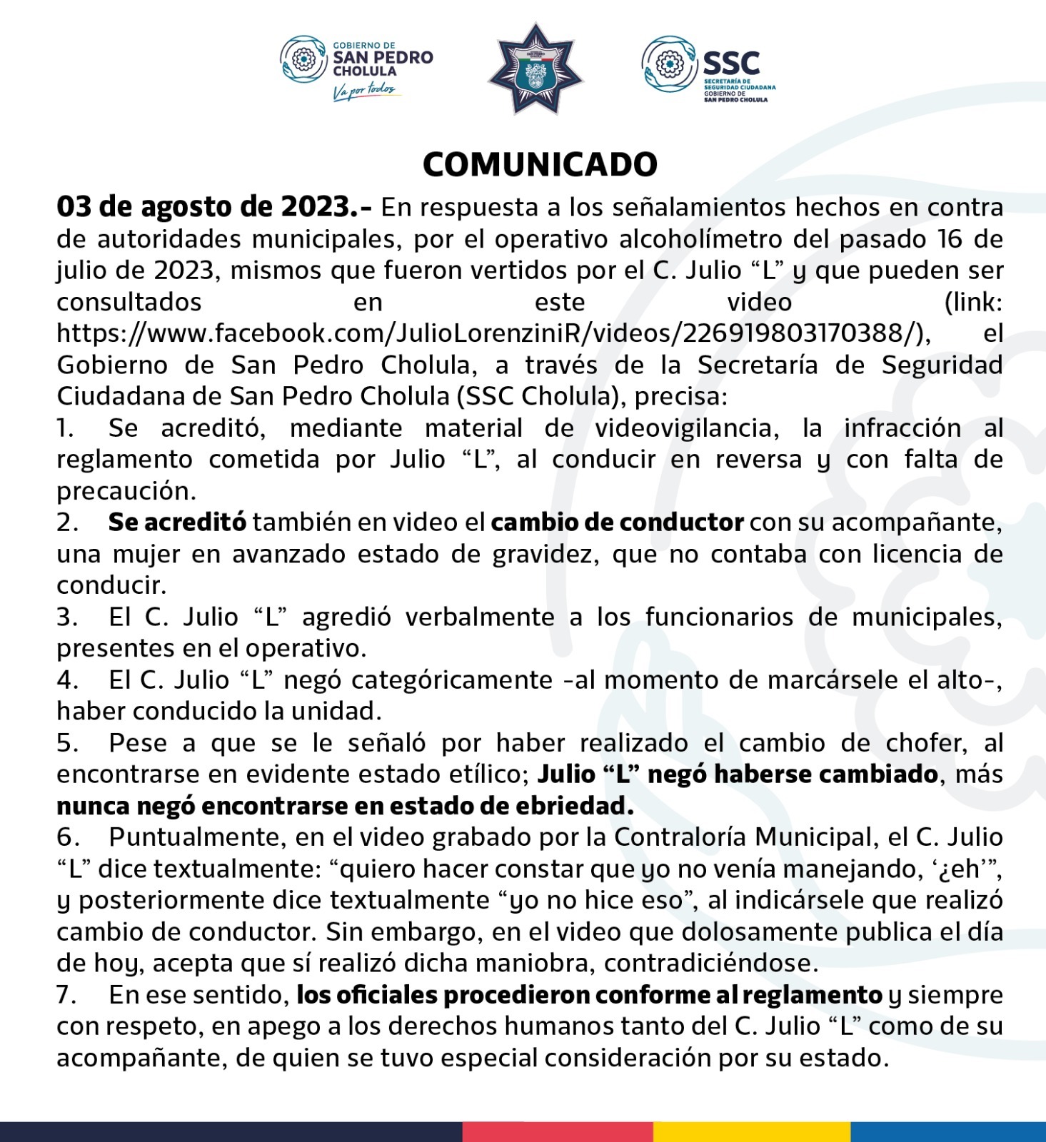 Da respuesta gobierno de San Pedro Cholula a señalamientos contra autoridades municipales hechos por Julio “L”