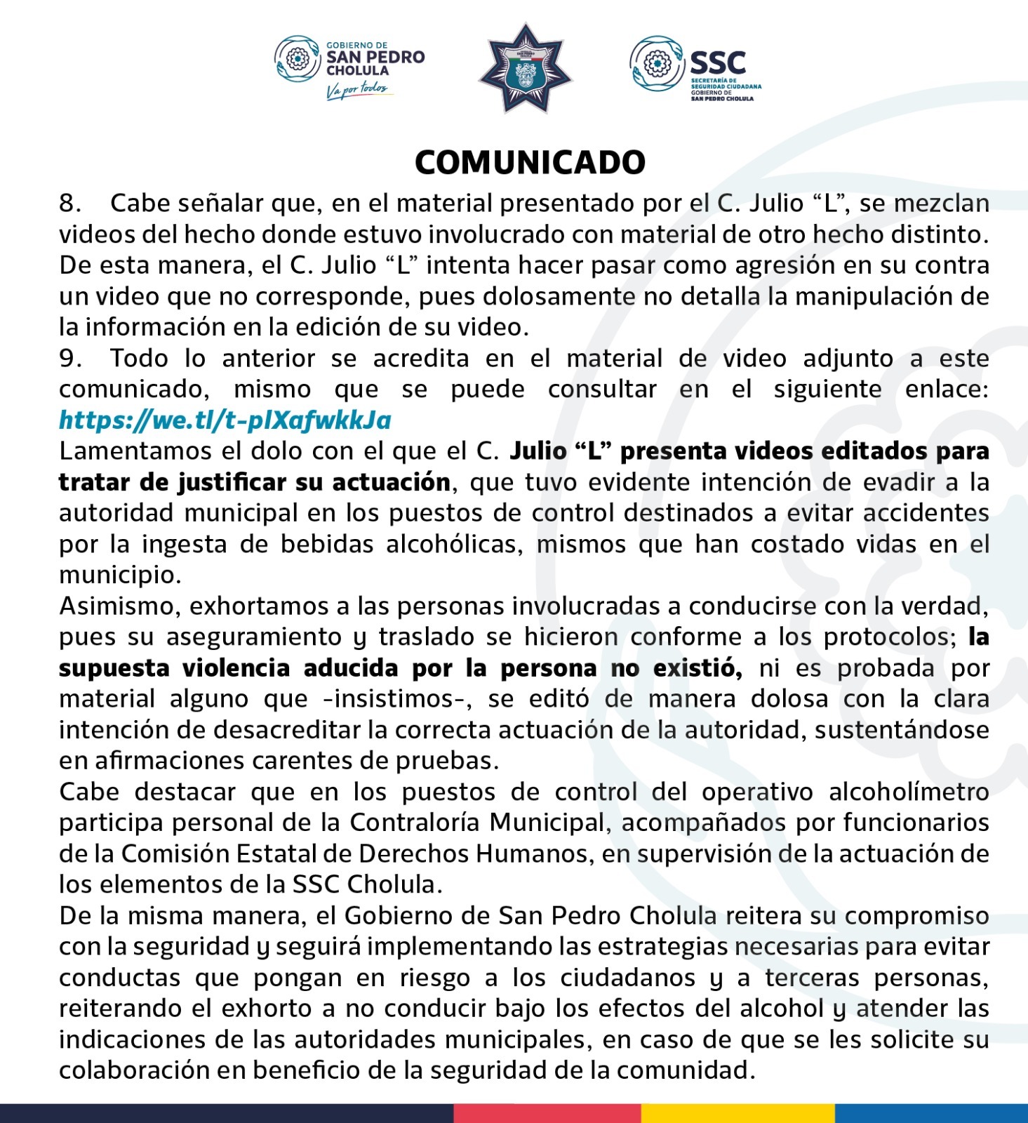 Por: Cortesía Lula Pineda Da respuesta gobierno de San Pedro Cholula a señalamientos contra autoridades municipales hechos por Julio “L”