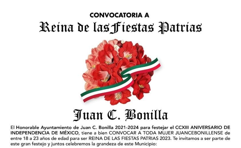 Abre convocatoria a “Reina de las Fiestas Patrias 2023” Juan C. Bonilla 