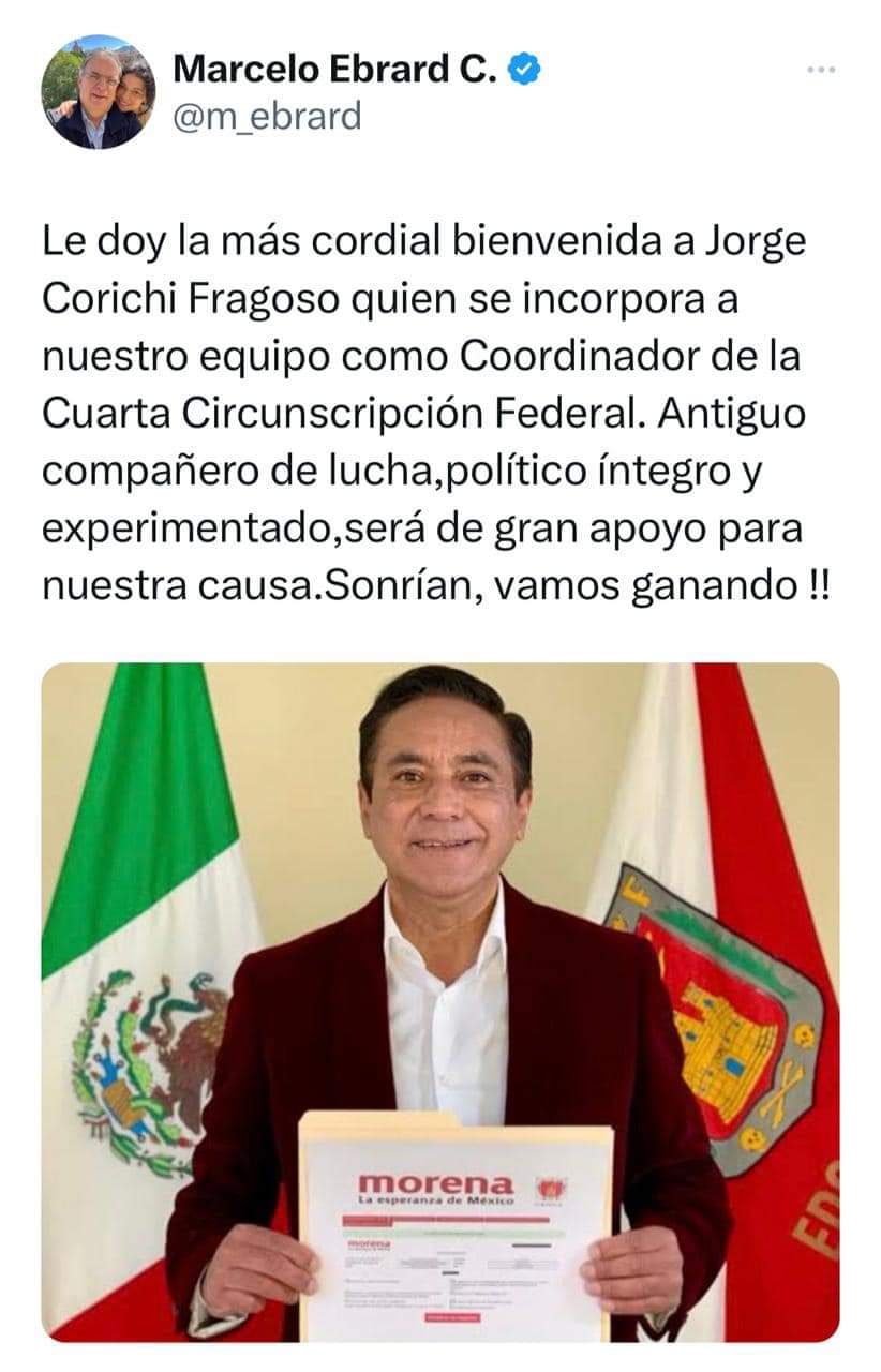 Marcelo Ebrard anuncia que Jorge Corichi se suma a su equipo