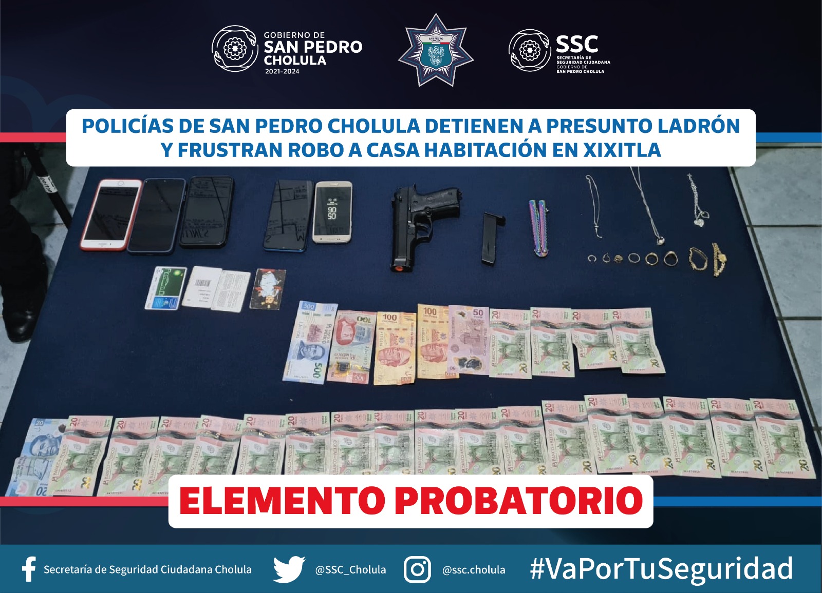 Policías de San Pedro Cholula detienen a presunto ladrón y frustran robo a casa habitación en Xixitla 