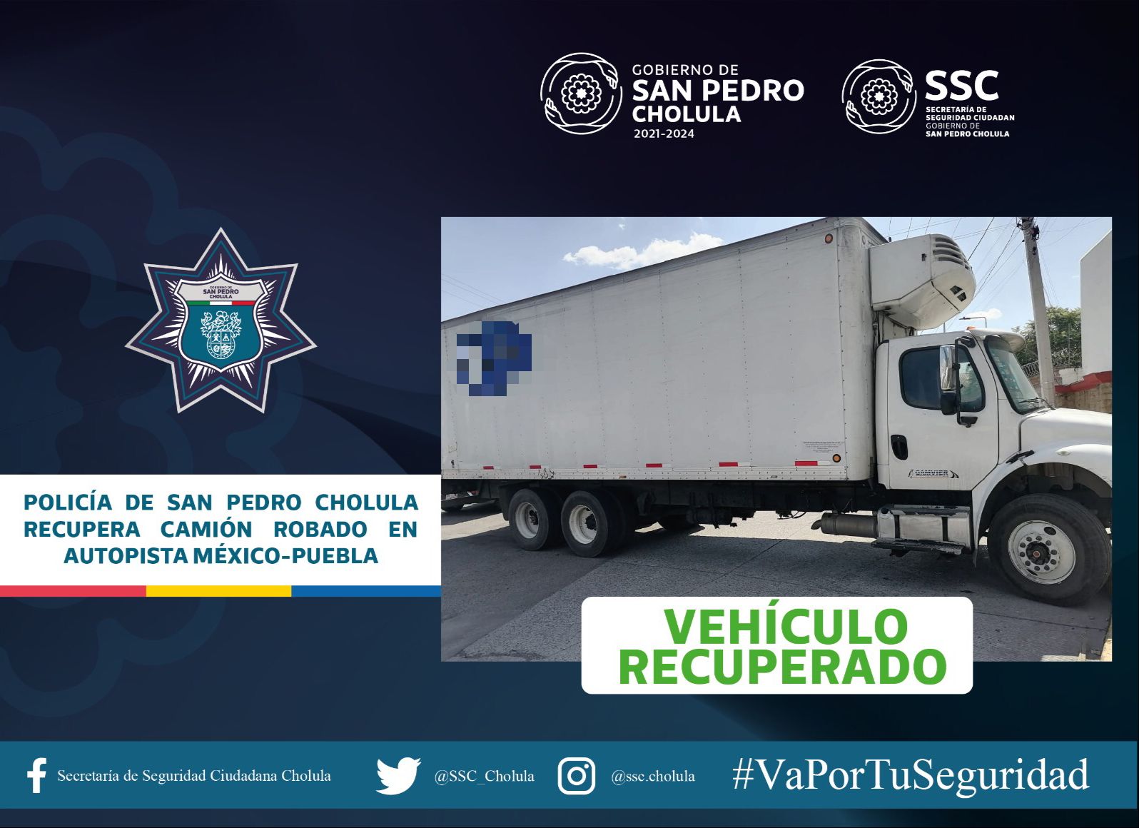 Comunicado oficial Policía de San Pedro Cholula recupera camión robado en autopista México-Puebla