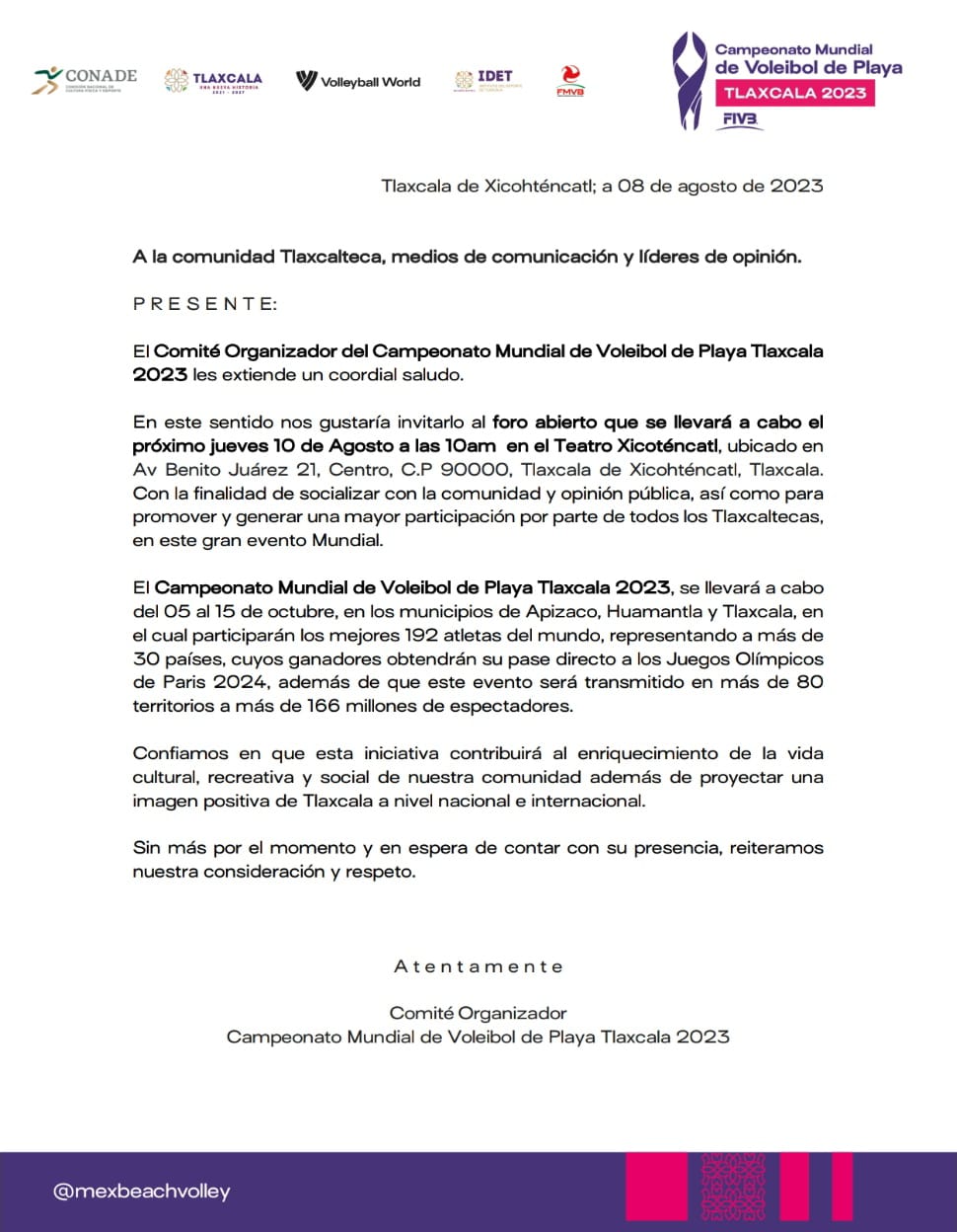 Participación comunitaria en Mundial de Voleibol, convocan a foro abierto