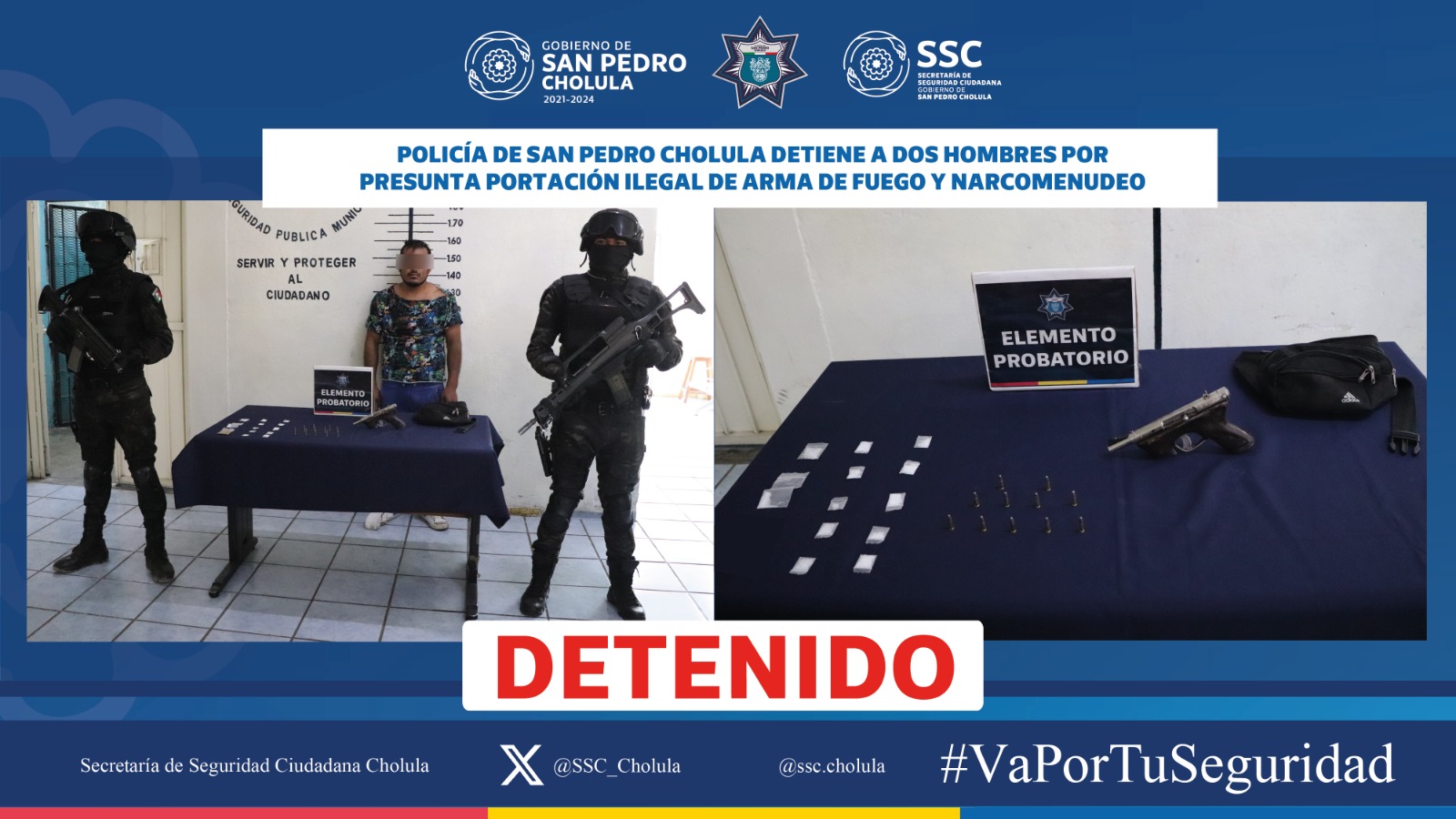 Policía de San Pedro Cholula detiene a dos hombres por presunta portación ilegal de arma de fuego y narcomenudeo