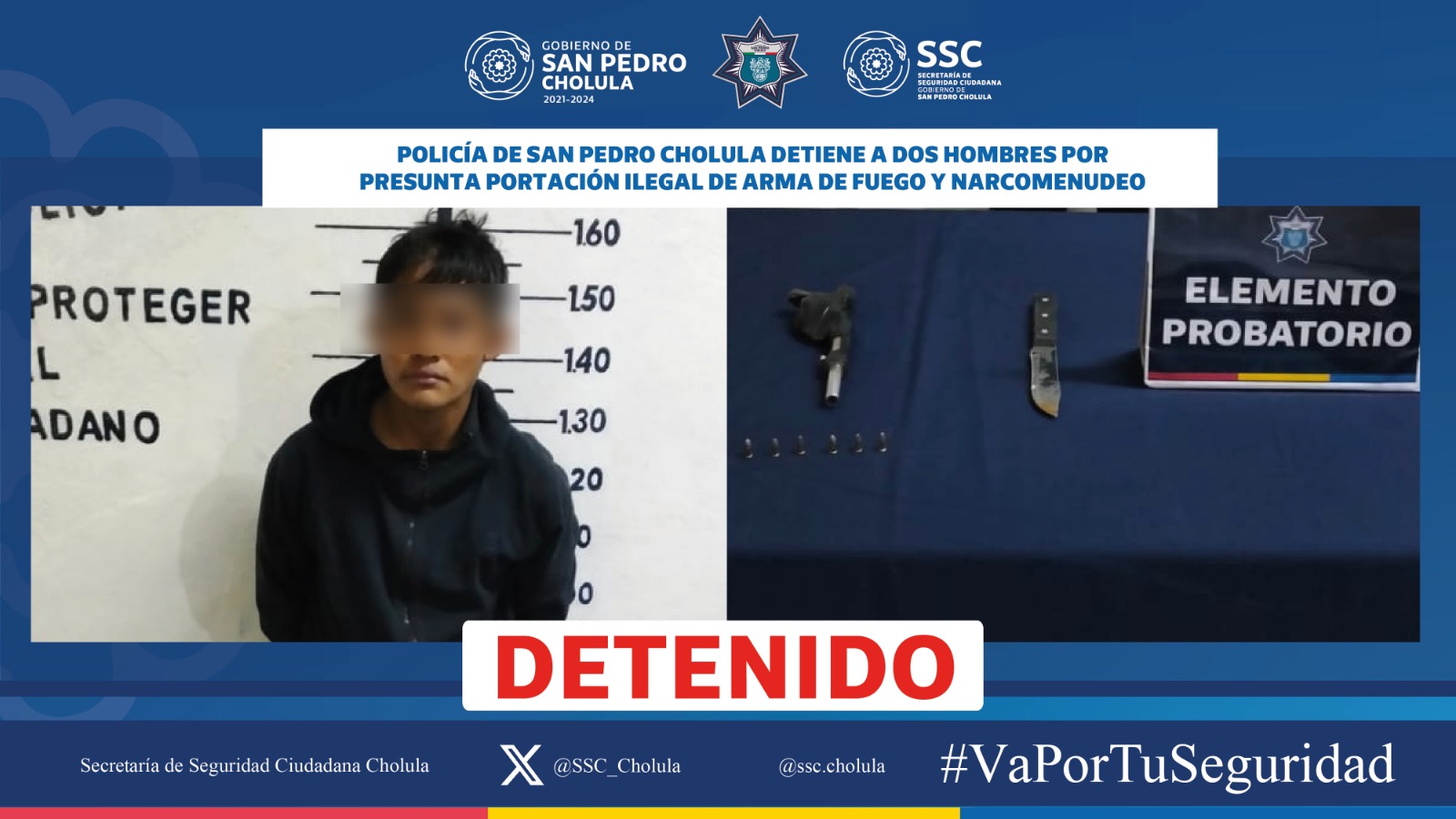 Comunicado oficial Policía de San Pedro Cholula detiene a dos hombres por presunta portación ilegal de arma de fuego y narcomenudeo