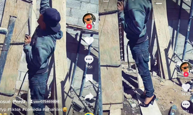 Por: Cortesía Albañil se hace viral tras ser captado utilizando tacones a falta de una escalera (Vídeo)