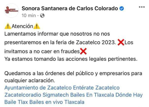 Por: Cortesía  Desmienten a organizadores de feria de Zacatelco 2023: Sonora Santanera niega concierto