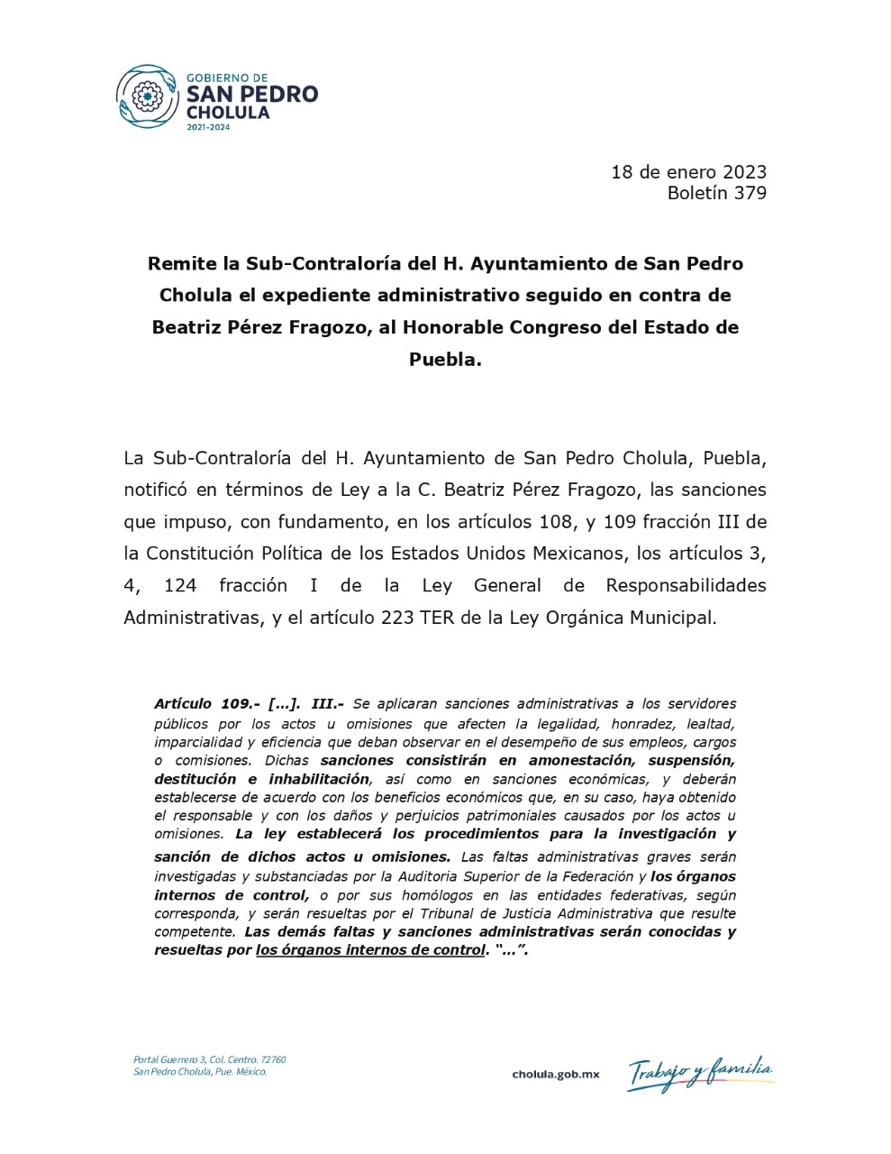 Remite la Sub-Contraloría del H. Ayuntamiento de San Pedro Cholula el expediente administrativo seguido en contra de Beatriz Pérez Fragozo, al Honorable Congreso del Estado de Puebla
