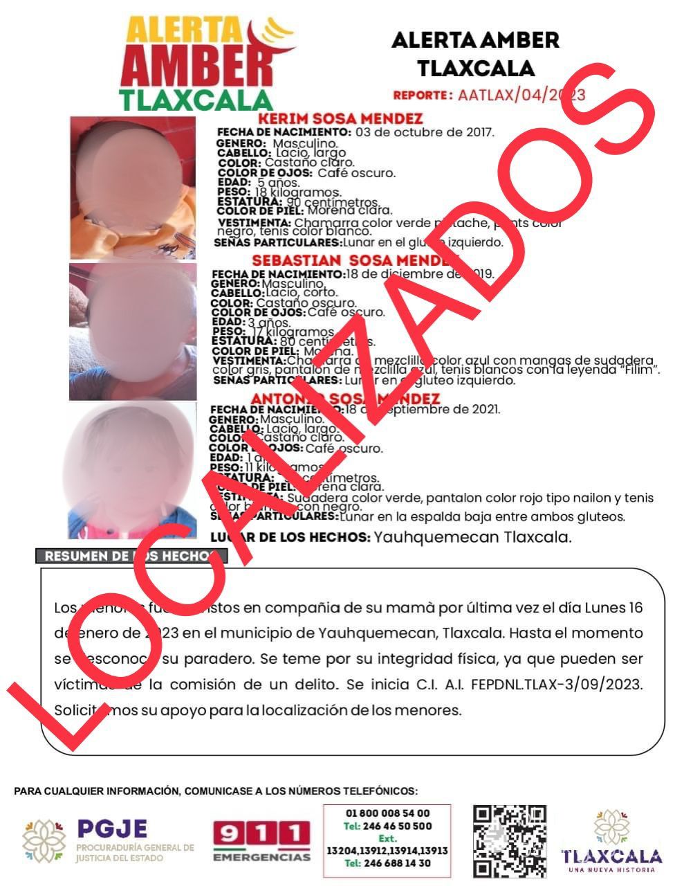 Por: Cortesía LOCALIZAN A TRES MENORES EN XALOZTOC; PGJE INVESTIGA POSIBLE DELITO  Luego de que tres menores de edad junto con su madre fueron localizados la tarde de ayer domingo en el municipio de Xaloztoc, ya que contaban con una Alerta Amber, la Procuraduría General de Justicia del Estado (PGJE), inició una investigación por la posible comisión de un delito.   De acuerdo a la ficha de búsqueda, los menores de cinco, tres y un año de edad, fueron vistos por última vez el pasado 16 de enero en el municipio de Yauhquemehcan, por lo que las autoridades implementaron los protocolos de búsqueda de manera inmediata.  Por ello, luego de que fueron localizados, se trasladaron a la dependencia encargada de procurar justicia, donde la madre declaró que salió de su hogar junto con sus hijos por voluntad propia, por lo que en ningún momento estuvieron en riesgo.   Sin embargo, el Agente del Ministerio Público investiga la posible comisión de algún delito dentro del núcleo familiar, el cual pudo provocar el escape de la mujer y sus hijos de su domicilio.