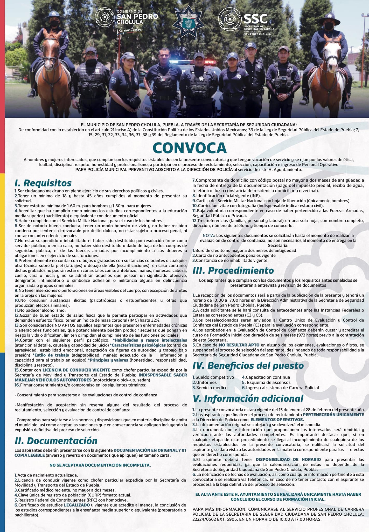 Por: Cortesía Lula Pineda Emite convocatoria SSC de San Pedro Cholula para integrar a su fuerza de seguridad a 35 nuevos policías