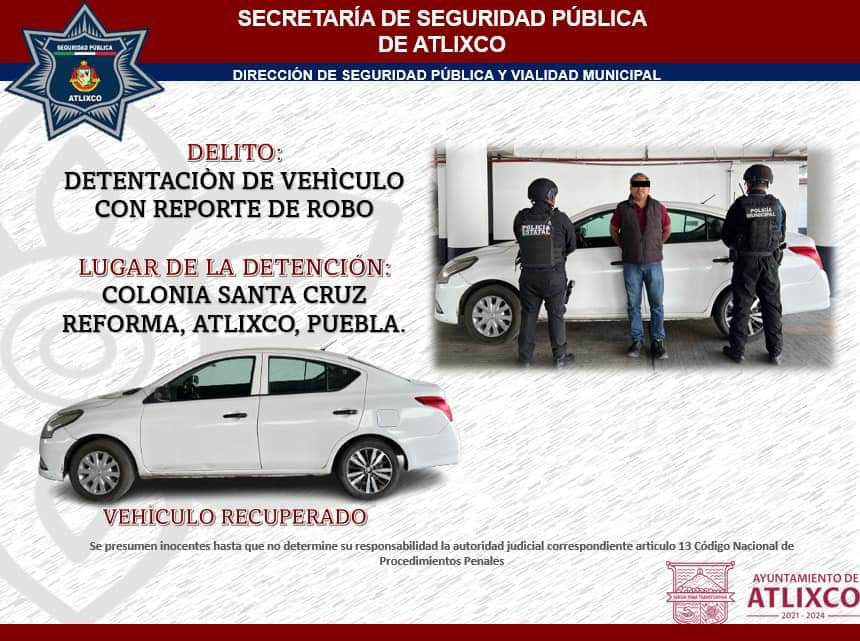 Por: Cortesía Seguridad Pública de Atlixco da resultados con la detención de sujetos por diversos delitos