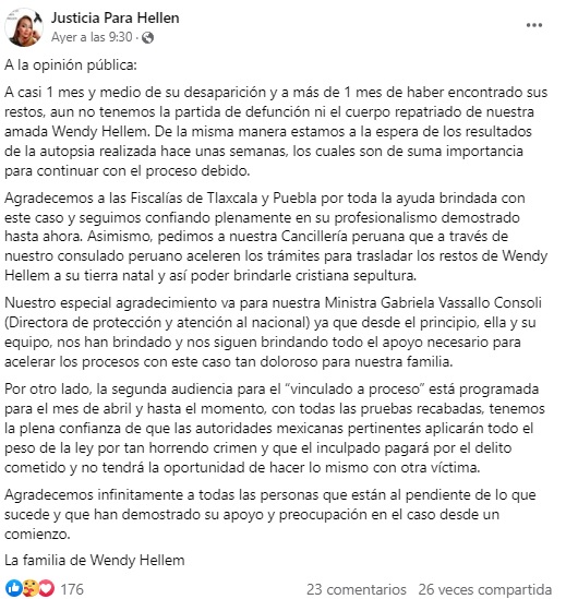 Por: Cortesía Lula Pineda Sigue sin repatriar Wendy Hellem peruana asesinada hace mes y medio en Cuautlancingo