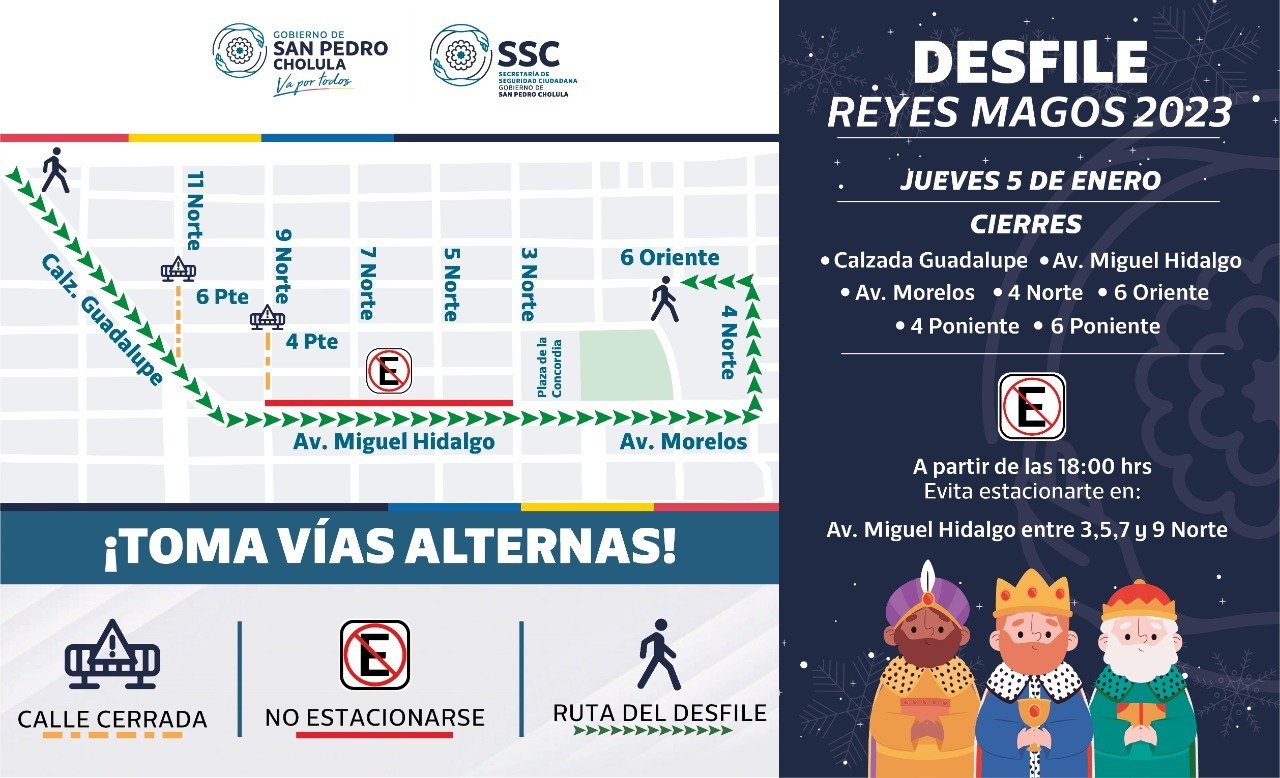 Comunicado oficial SSC Cholula implementará cierre de calles por Desfile de Reyes Magos