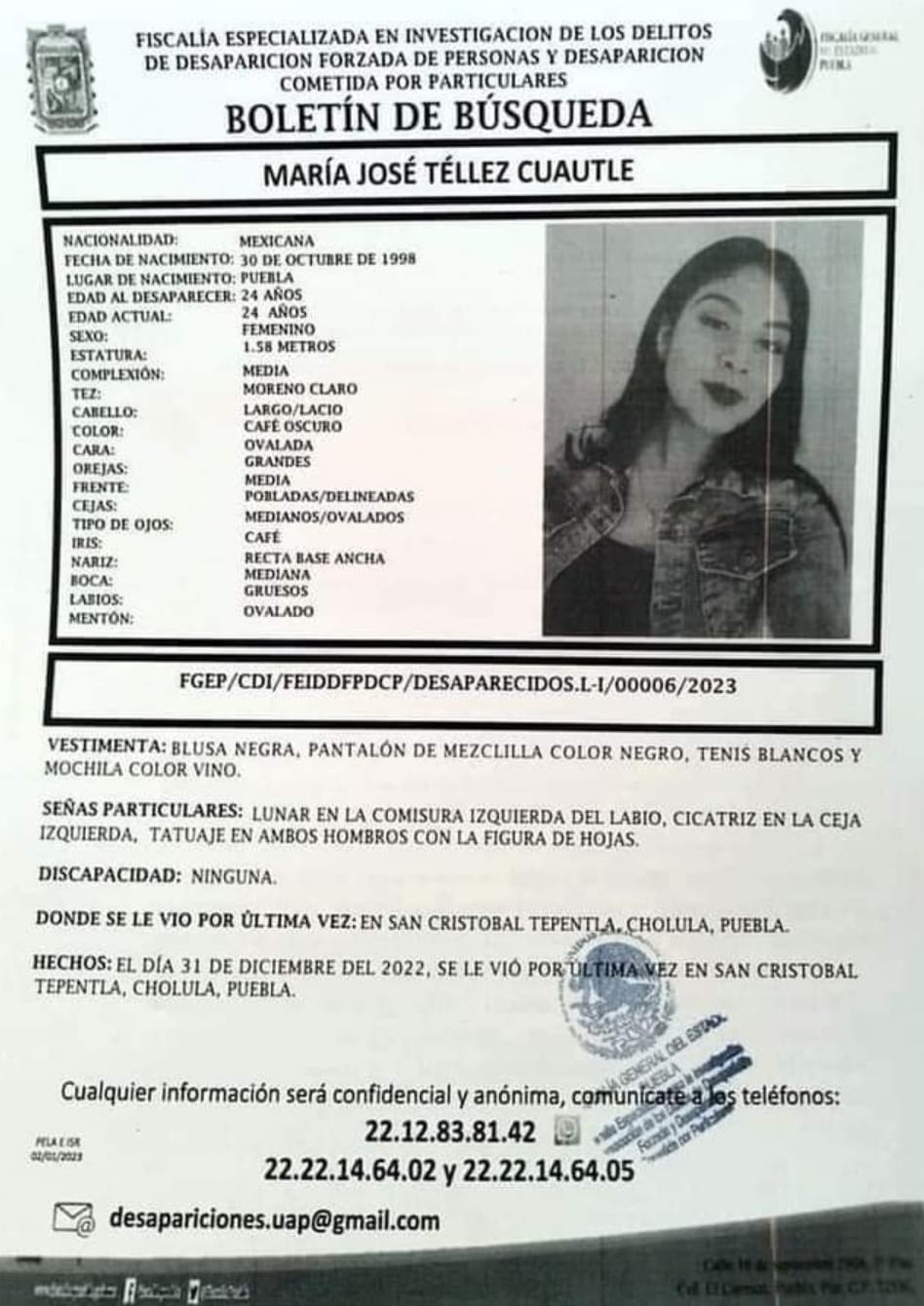 Por: Cortesía Emiten ficha de búsqueda de joven de 24 años desaparecida en San Cristóbal Tepontla