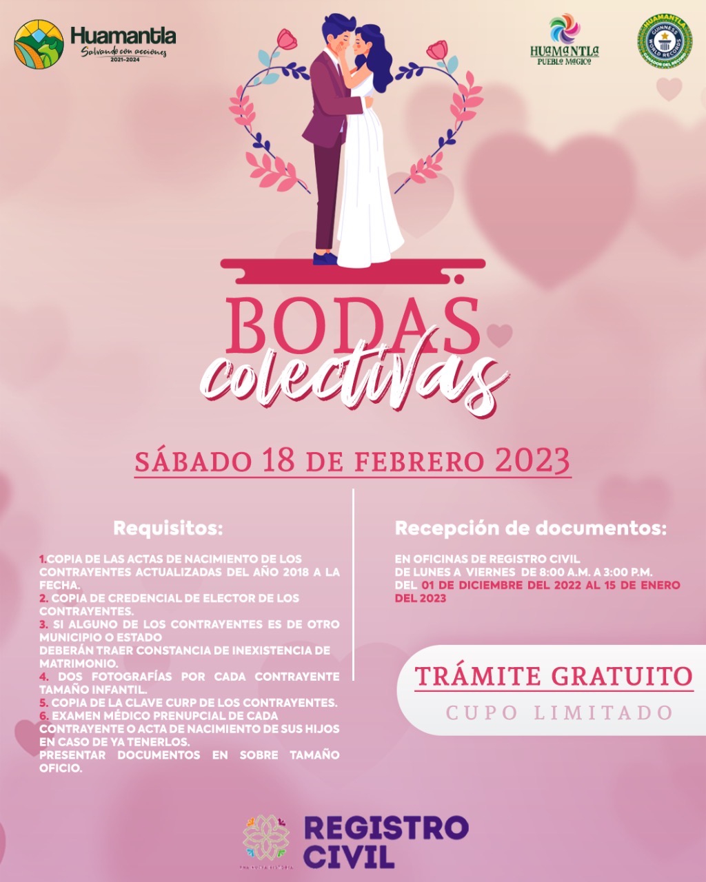 El Ayuntamiento de Huamantla anuncia últimos días de campaña gratuita de Bodas Civiles