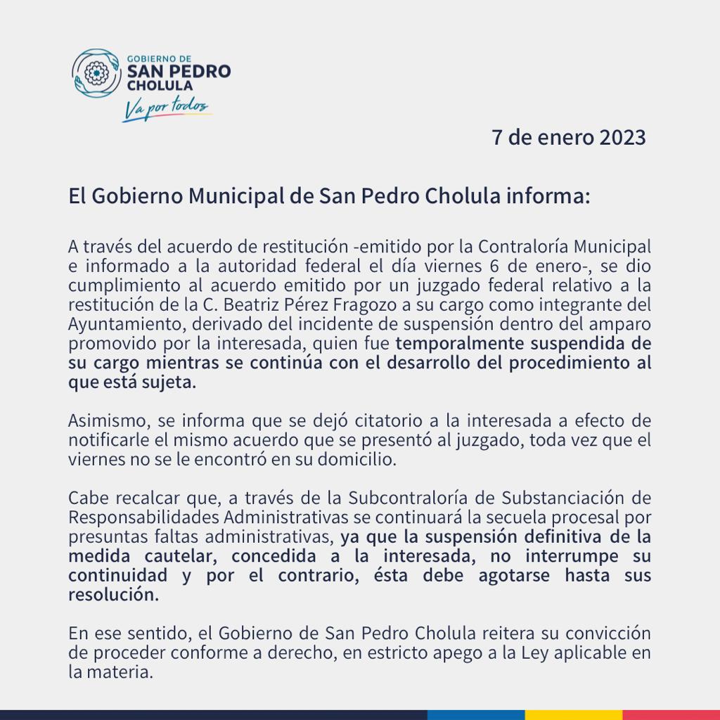 Comunicado oficial SPCH da cumplimiento al acuerdo emitido por juzgado federal procediendo conforme a derecho y en estricto apego a la Ley