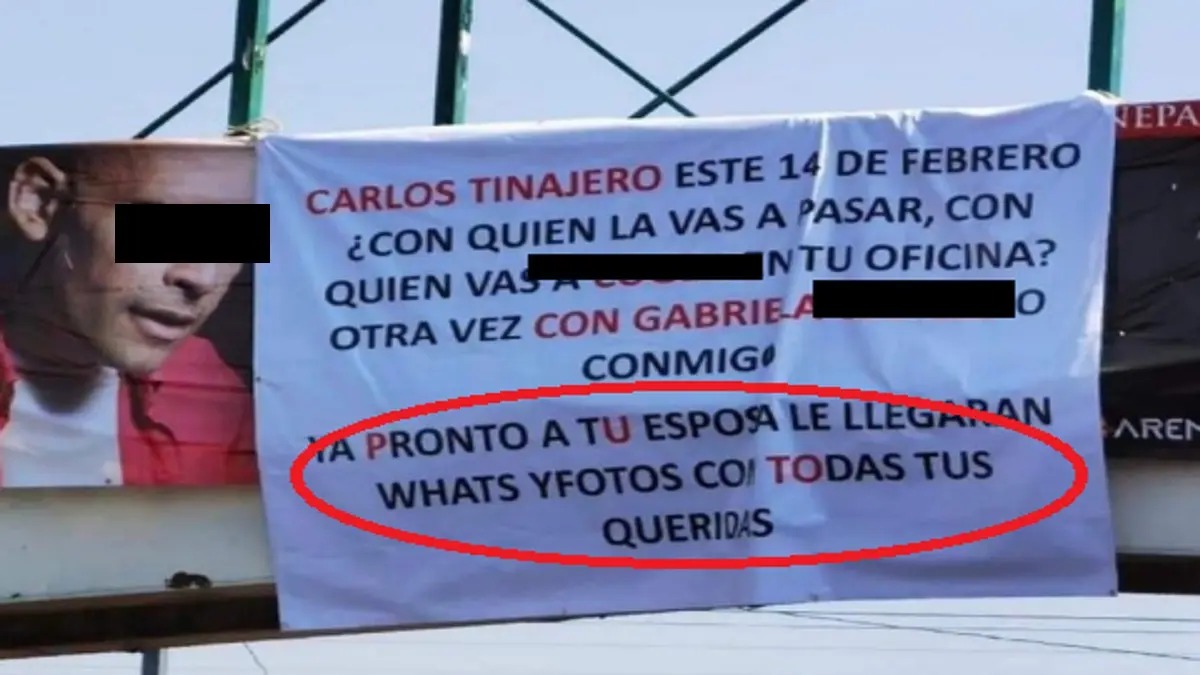 Por: Cortesía Cuelgan manta para exhibir a hombre infiel que anda con varias de la oficina; ‘A tu esposa le llegarán fotos’; Le amenazan