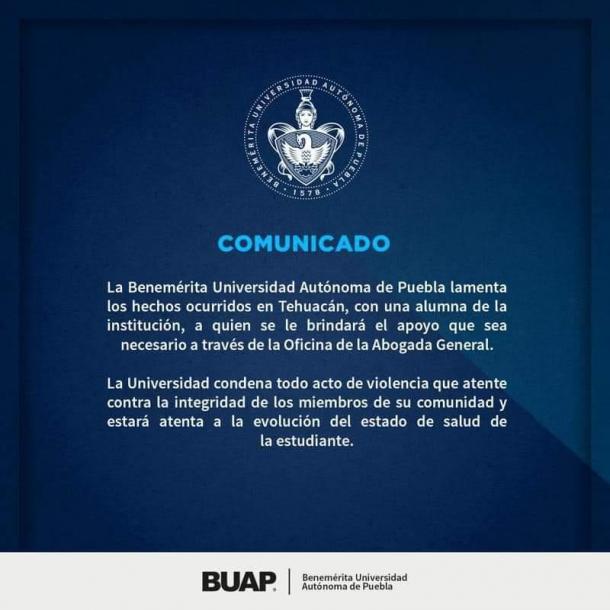 Por: Cortesía BUAP confirma que joven apuñalada en Tehuacán es alumna de la institución