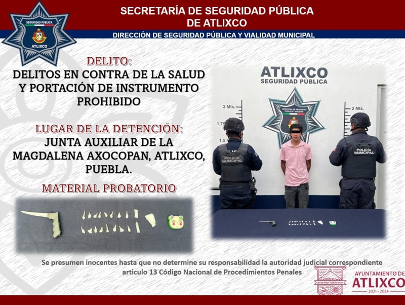 Por: Cortesía Seguridad pública de Atlixco detiene a masculino por delitos contra la salud y portación de instrumento prohibido