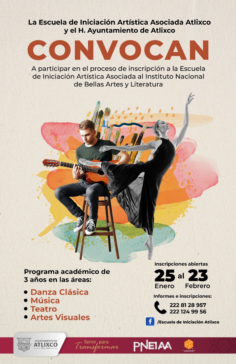 Por: Cortesía Ayuntamiento de Atlixco invita a inscribirse a la escuela de iniciación artística asociada al instituto nacional de bellas artes y literatura (INBAL)