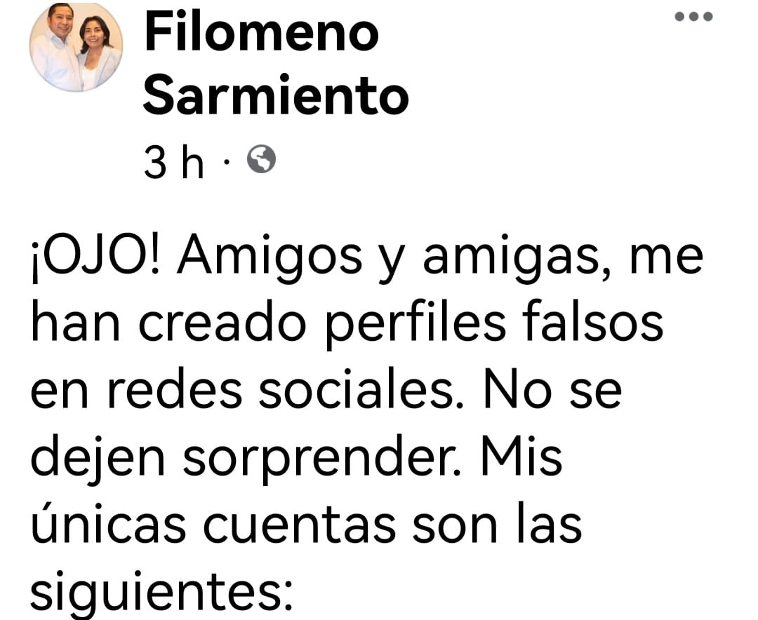 Por: Cortesía Lula Pineda Alerta presidente de Cuautlancingo Filomeno Sarmiento, creación de perfiles falsos a su nombre
