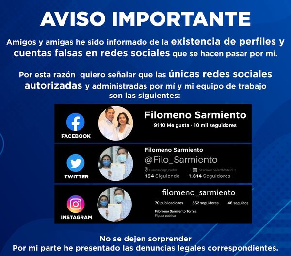 Alerta presidente de Cuautlancingo Filomeno Sarmiento, creación de perfiles falsos a su nombre
