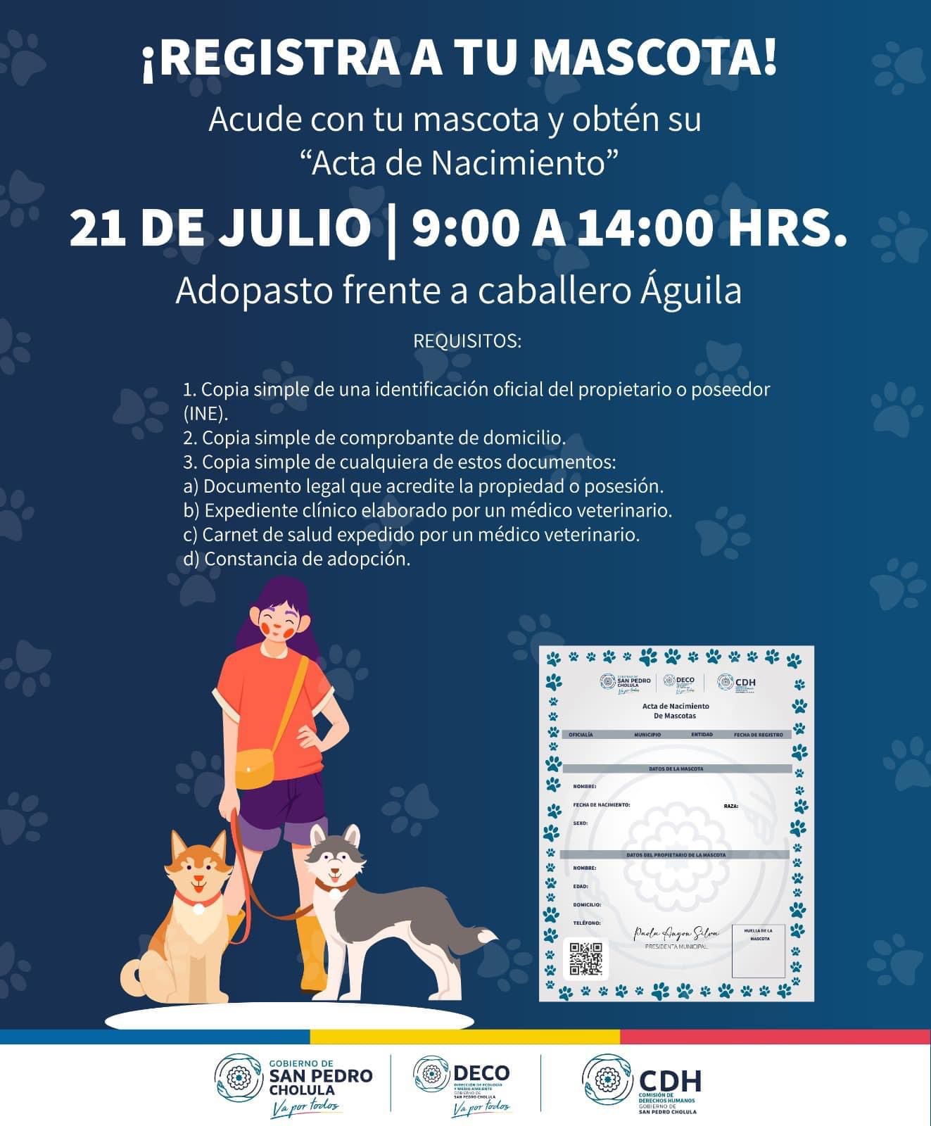Propietarios cholultecas de perros y gatos podrán obtener acta de nacimiento de sus mascotas el próximo 21 de julio 