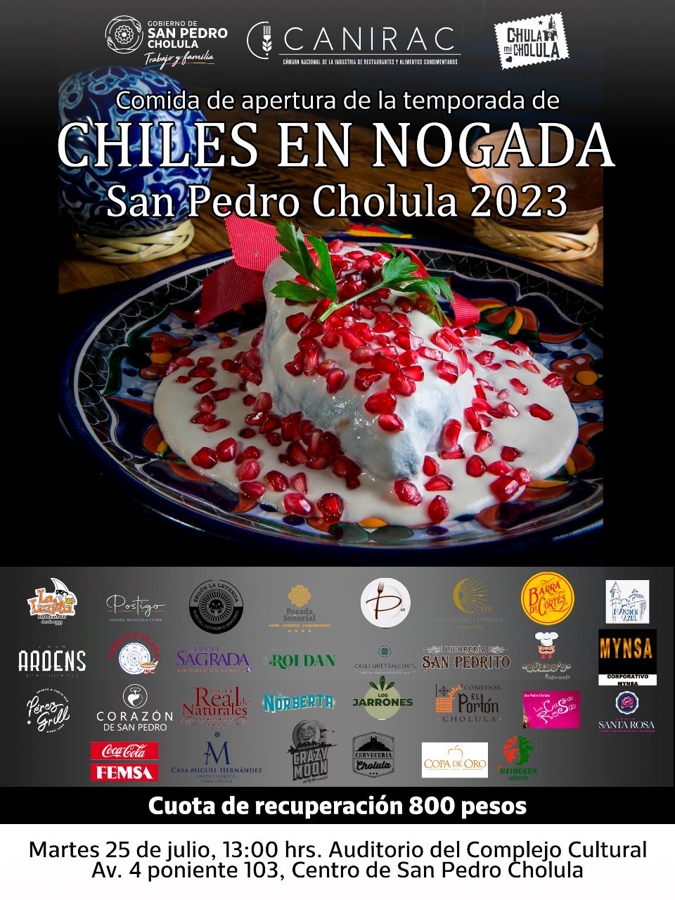 Por: Cortesía Lula Pineda Anuncian inicio de temporada de Chiles en Nogada, San Pedro Cholula y CANIRAC con comida con causa el 25 de julio