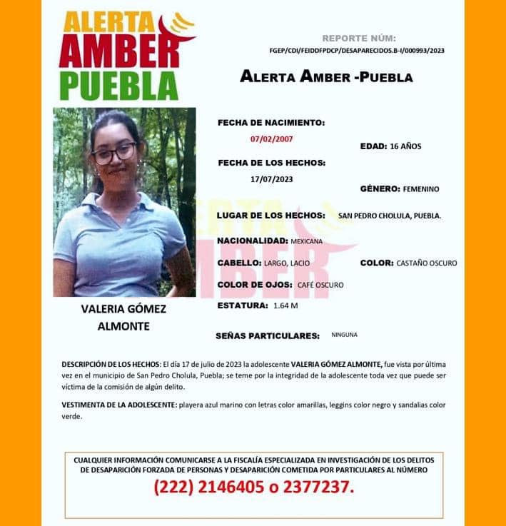 Alerta Amber por desaparición de Valeria Gómez y Marco Antonio Muñoz en San Pedro Cholula