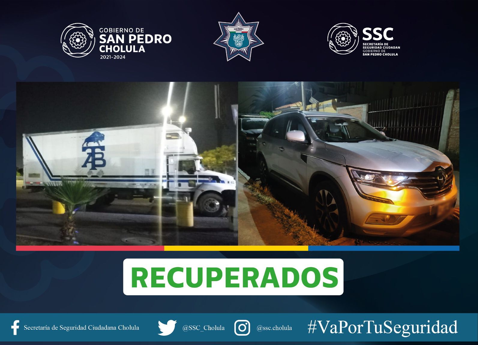 Comunicado oficial Policías de San Pedro Cholula frustran robo de automóvil y recuperan camión robado