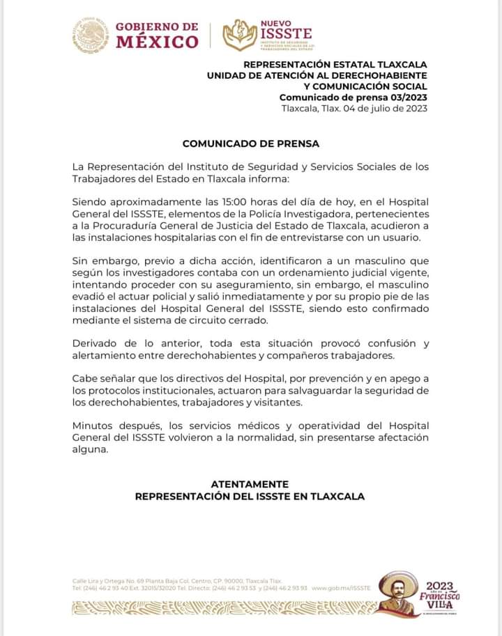 Justifican presencia de elementos de PGJE en hospital del ISSSTE, en Tlaxcala