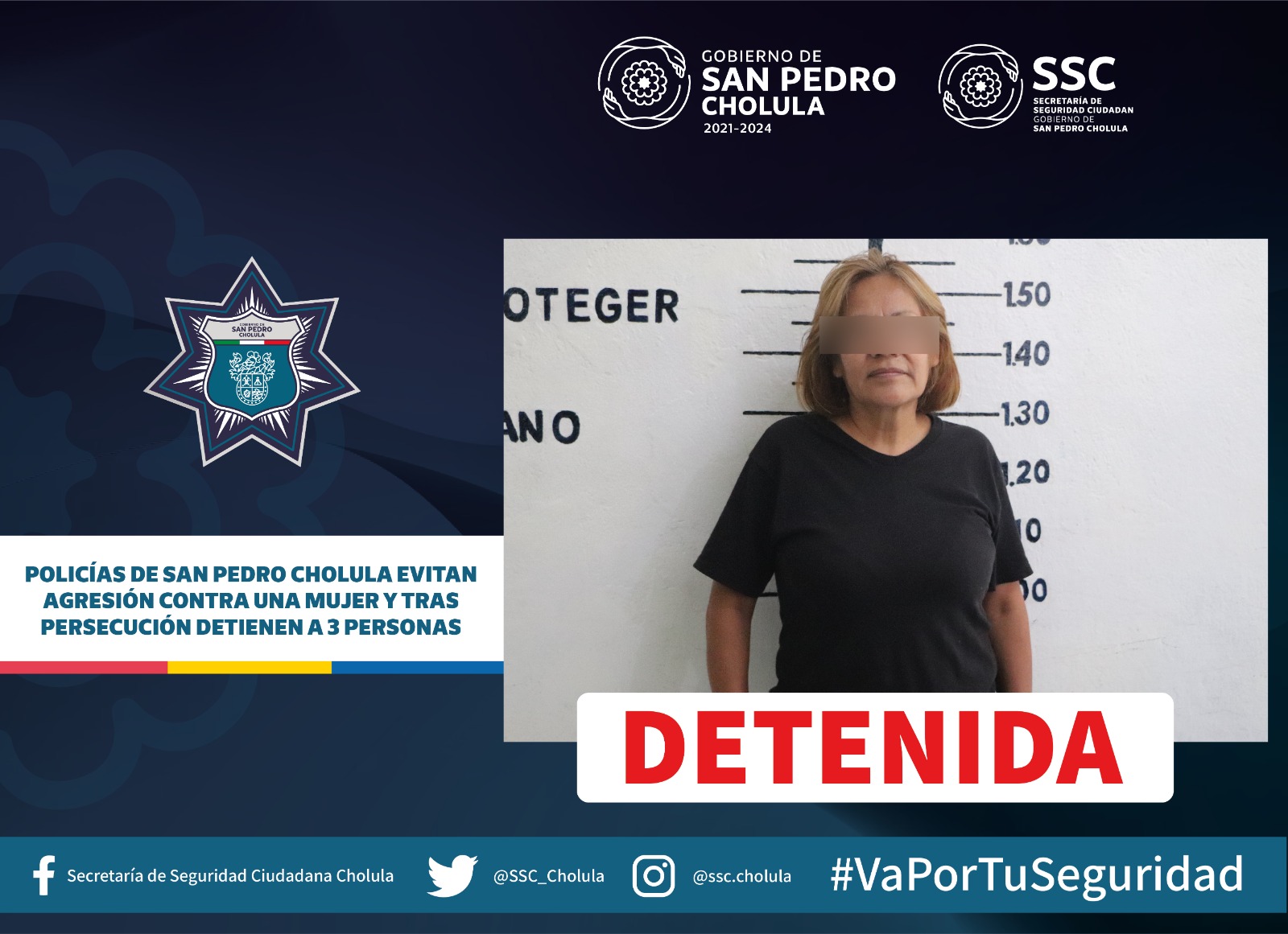 Policías de San Pedro Cholula evitan agresión contra una mujer y tras persecución detienen a 3 personas